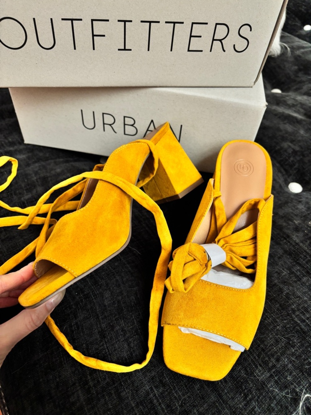 Urban Outfitters Yellow Suede Block Heel Lace-Up Mules
